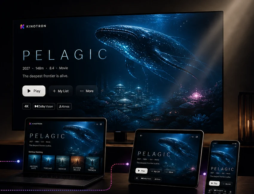 Kinotron library and Pelagic playback shown across television, laptop, tablet, and phone screens